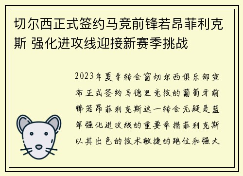 切尔西正式签约马竞前锋若昂菲利克斯 强化进攻线迎接新赛季挑战